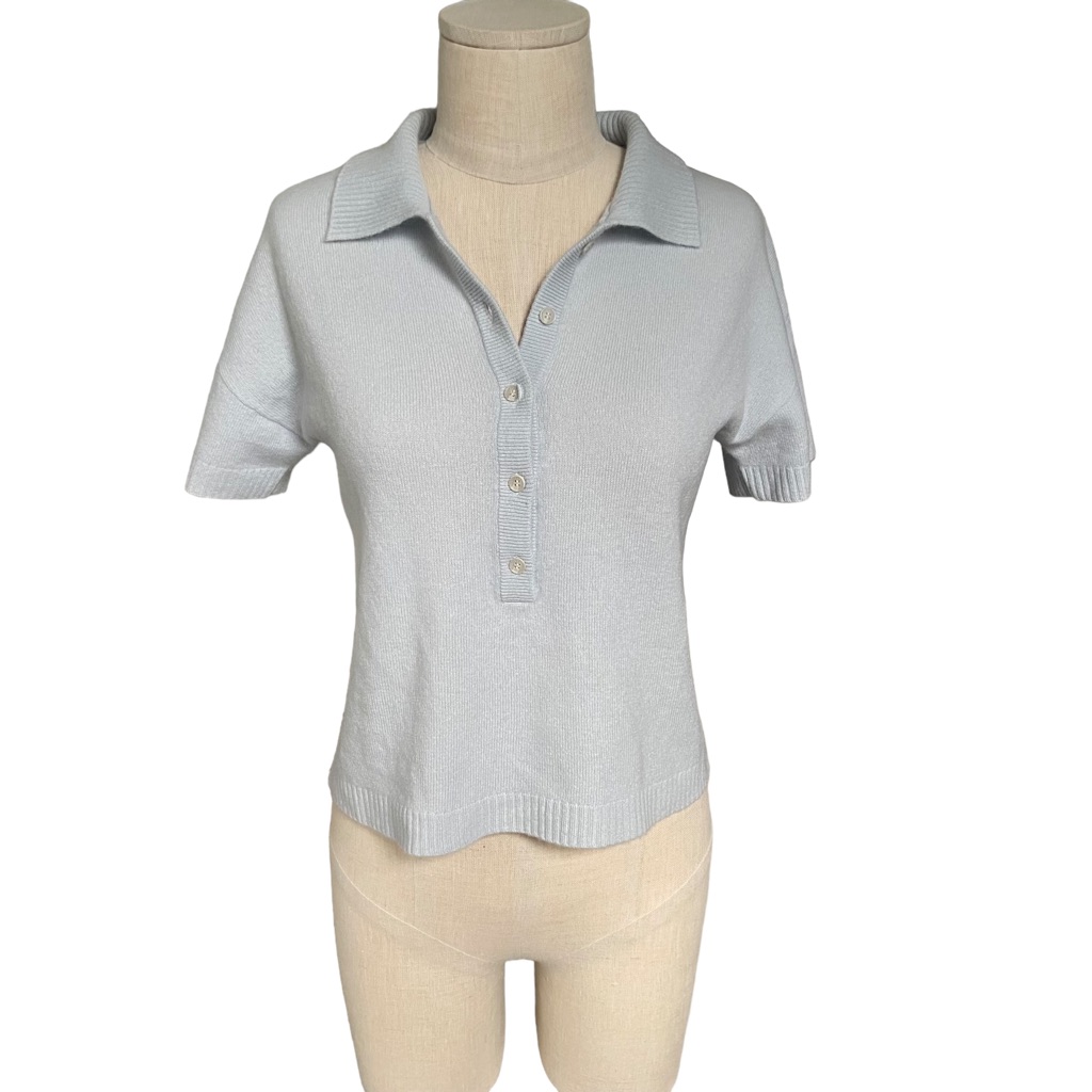 Naadam Cashmere Blue Short Sleeve Button Down Relaxed Polo Sweater Top Xs